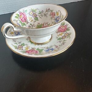 Royal Stafford bone china teacup and saucer set in the Rochester pattern.